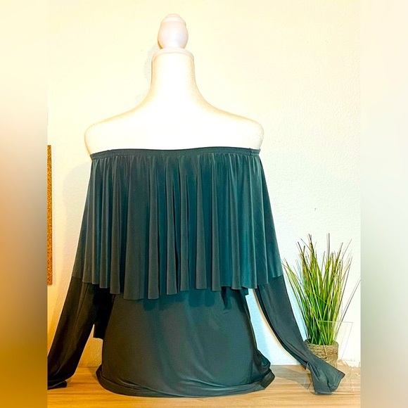 Boohoo Off Shoulder Jersey Satin Top, Olive Green, Size 12 - Picture 2 of 3